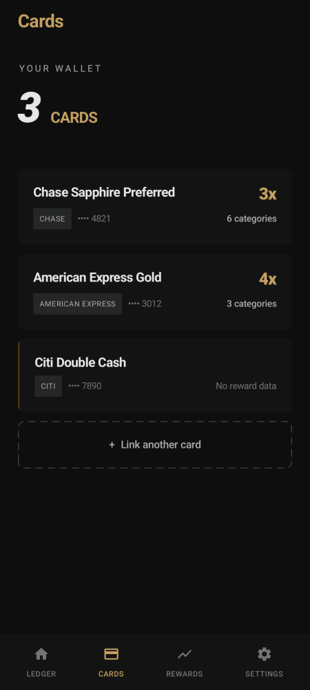 RewardRoute cards list showing all connected credit cards