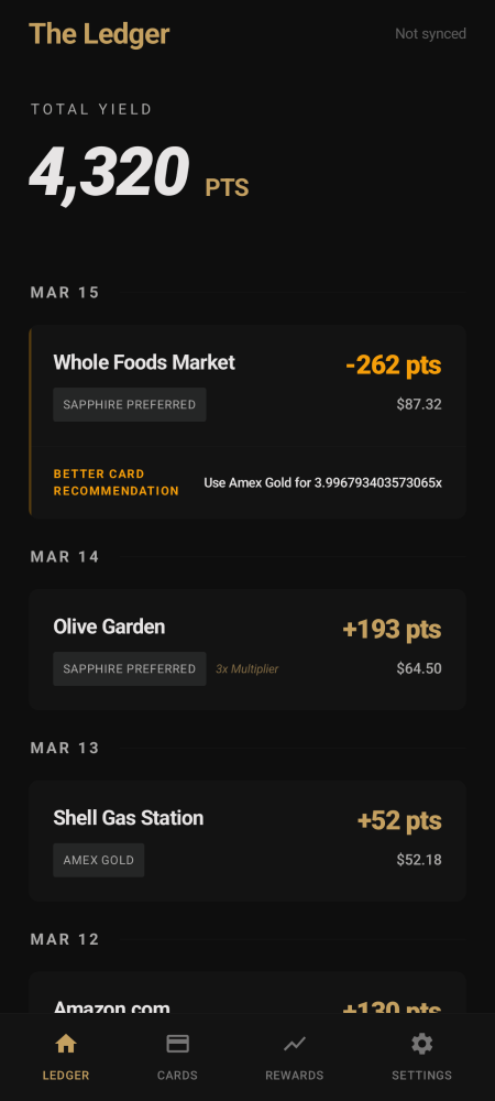RewardRoute dashboard with rewards tracking and card recommendations
