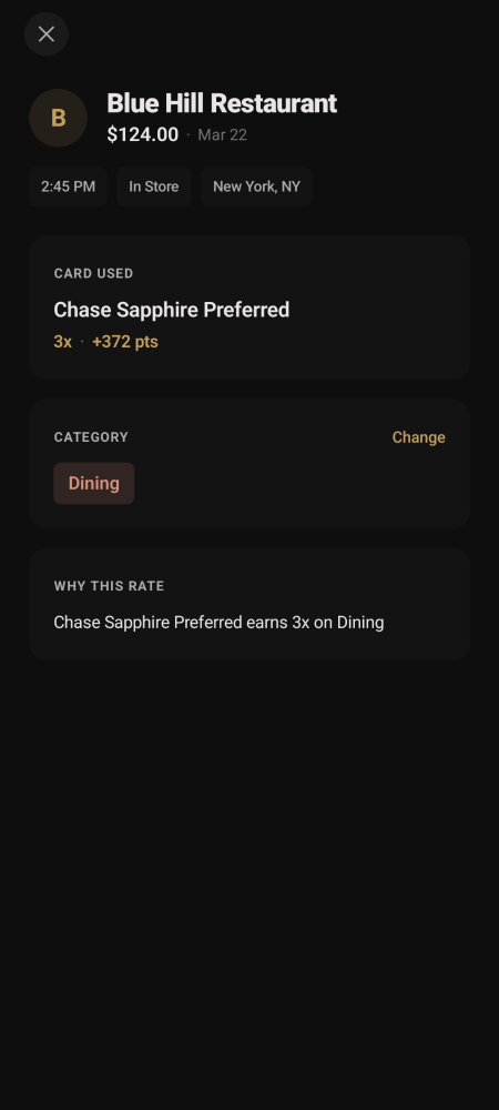 RewardRoute showing an optimal transaction with maximum rewards earned