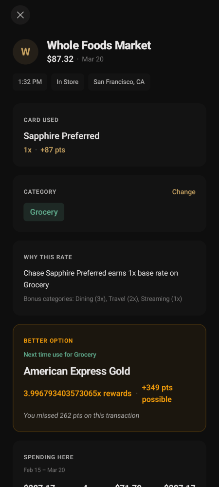 RewardRoute transaction detail showing missed rewards and optimal card recommendation